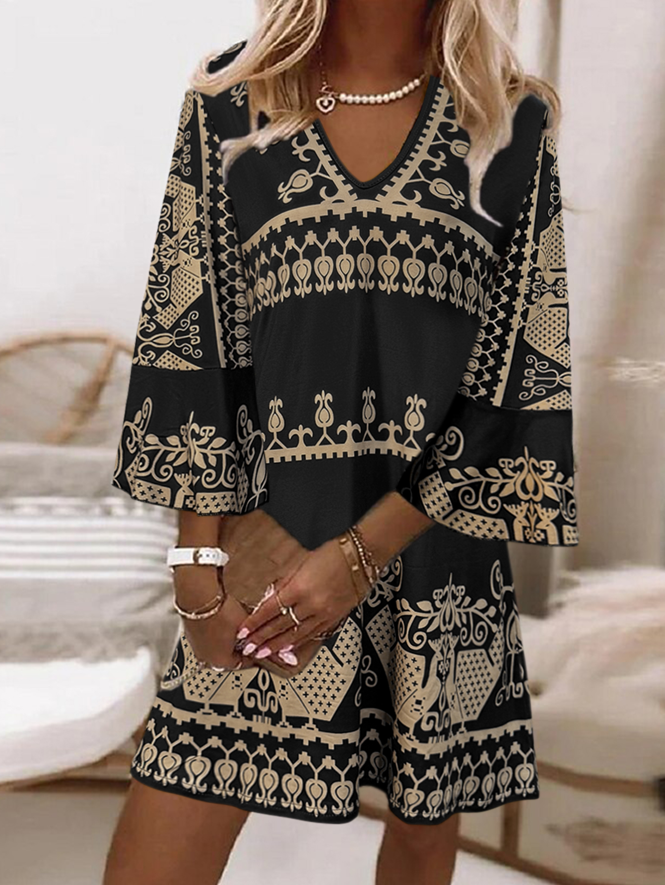 Women's Autumn & Winter New Ethnic Style Muslim Fashion Retro 3/4 Sleeve Dress, Milk Silk Casual Versatile Dress (S-XXL, Black)-CF53890