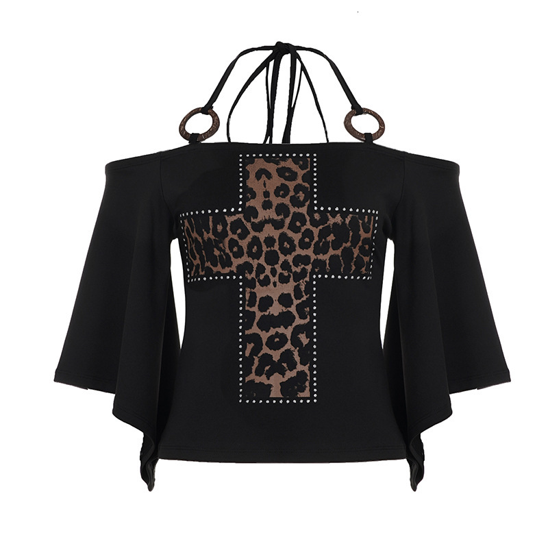 2025 dark leopard print splicing cross slim fit off shoulder women's T-shirt, American designer retro bell sleeves, autumn and winter new fashion