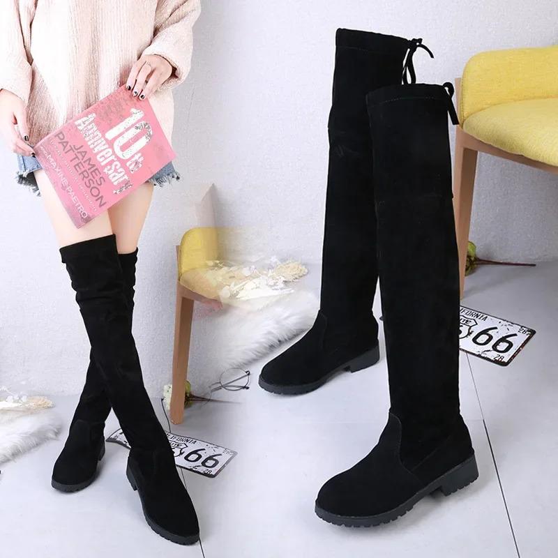 2025 Faux Suede Female Heels Autumn Winter Elastic Kneehigh Boots for Women Tube Laceup Thigh Boots Black Botas 251021