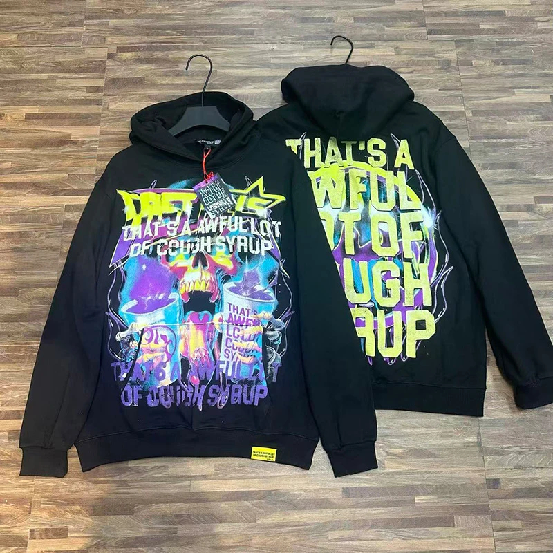 Hip Hop Colorful Pattern Printing Hoodie Hooded Men Women Cotton Black Pullovers