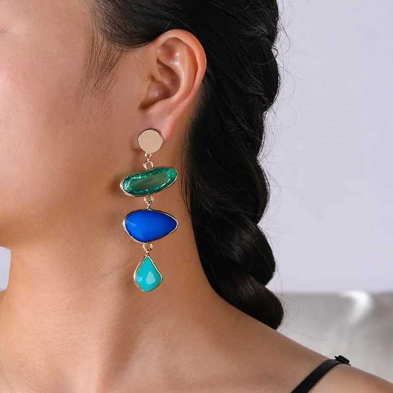 Boho Elegant Geometric Drop Crystal Long Stud Earrings For Women Simple Irregular Blue Earring Jewelry Accessories Gifts J251021
