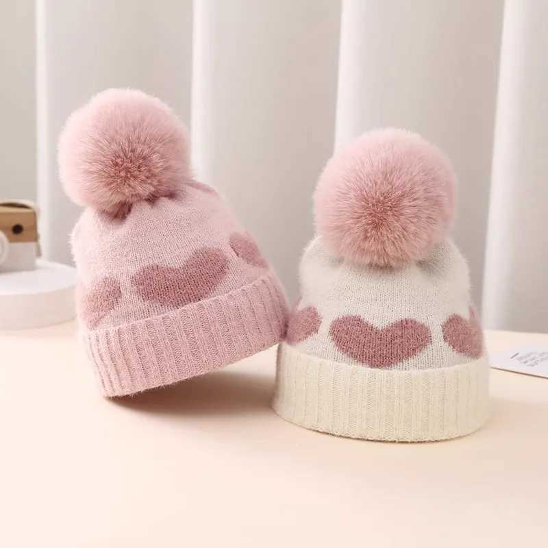 Fur Pompom Baby Hat Heart Printed Knitting Autumn Winter Newborn Infant Beanie Cap Toddler Warm Crochet Girls Boys Hats J251021
