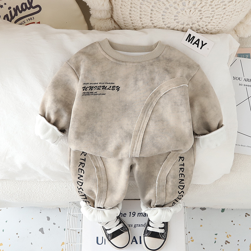 Winter Warm 2025 New Boys Fleece-Lined Hoodie Set, Letter Patchwork Streetwear 2-Piece, Loose Fit Casual Outfit for Toddler Boys