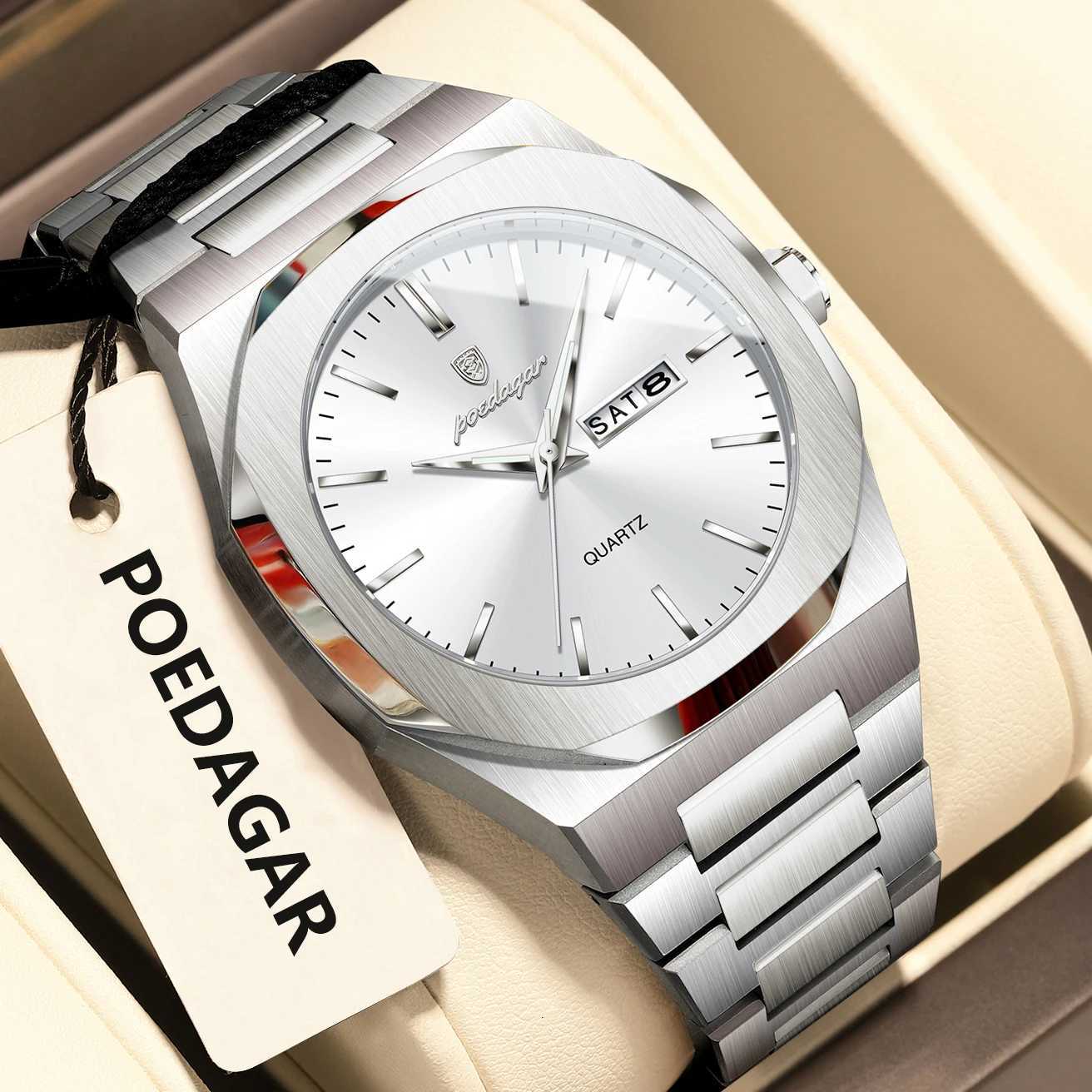 POEDAGAR Fashion Brand Male Wrist Waterproof Luminous Stainl Steel Men Clock Date Week Casual Quartz Mens es RelojXJ251021