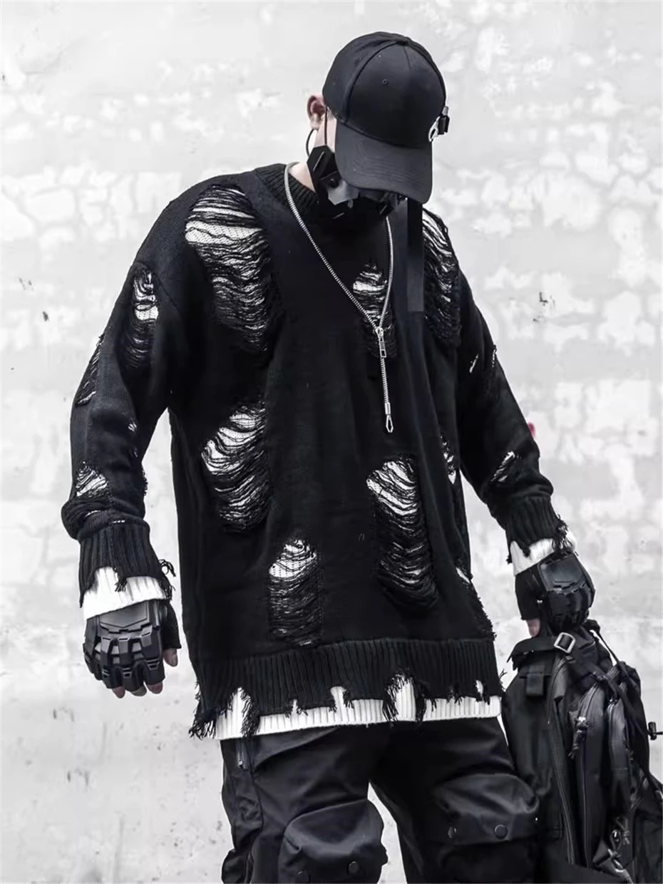 Mens Knitted Sweater Streetwear Hip Hop Punk Ripped Hole Pullover Men Oversized Harajuku Fake Two Pieces Casual Sweaters Male 251020