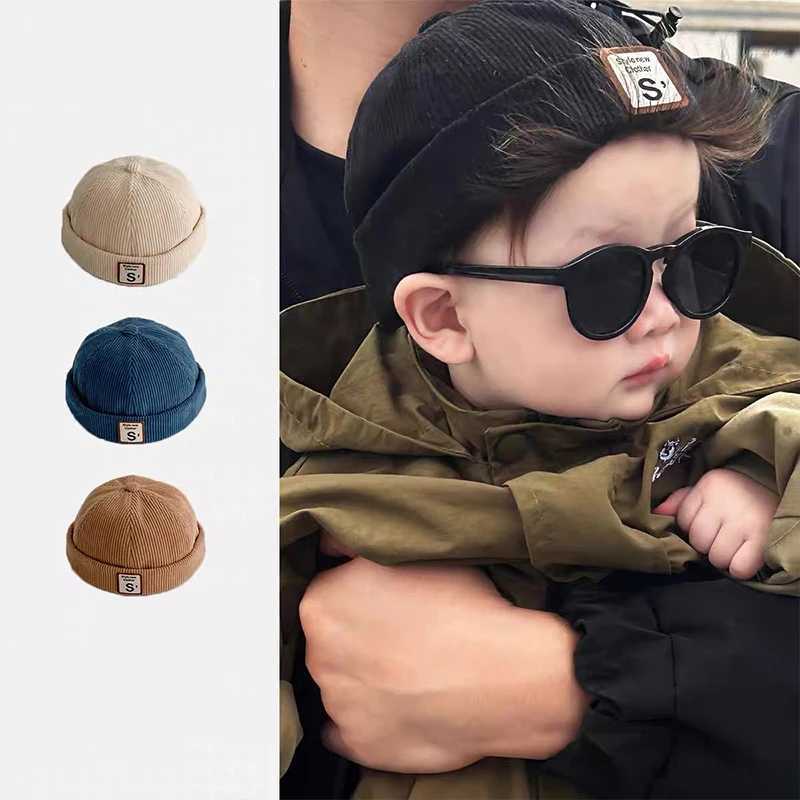Solid Corduroy Children Landlord Hat Korean Kids Flipped Edge Beanie Bonnet Children Brimless Cap Boy Girl Toddler Docker Caps J251021