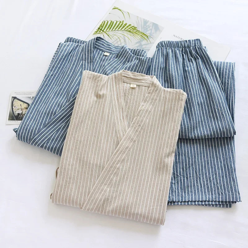 Striped Kimono Robes Set Pajamas for Mens Sleepwear Cotton Loose Oversized Long Pants Thin Sweat Steamed Home Clothes 251021