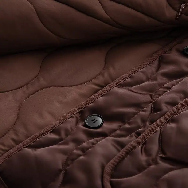 Autumn Womens Solid Color Retro Large Pocket Round Neck Long Sleeve Loose Quilted Cotton Jacket Coat 251017