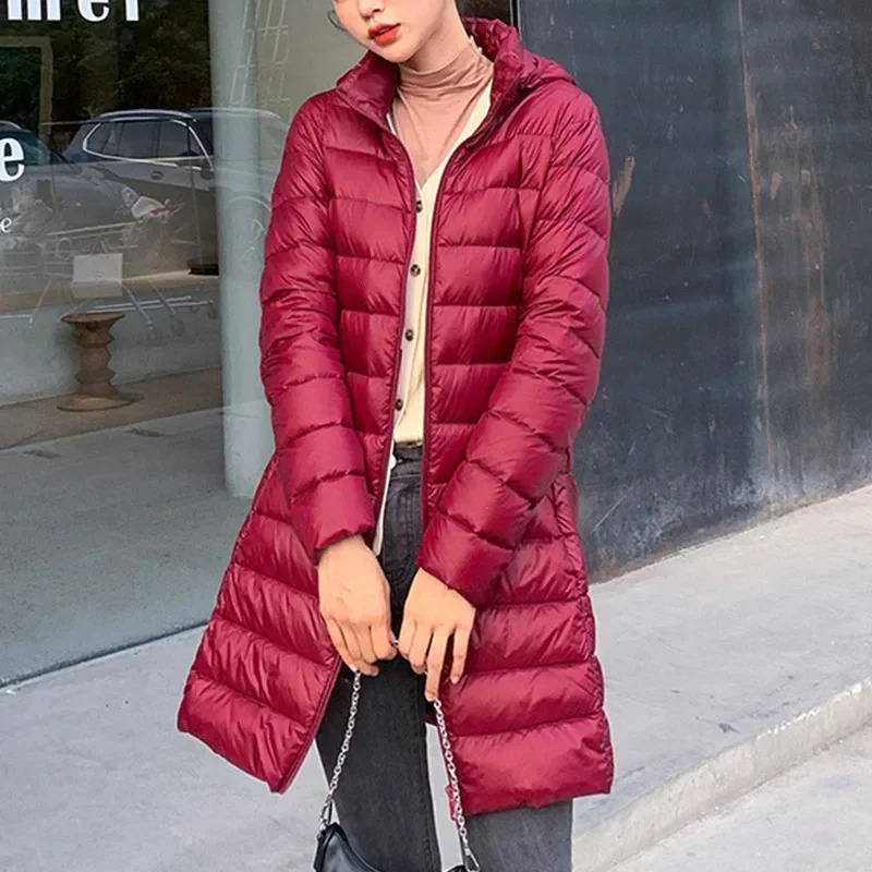 Winter Women Slim Down Coats Remove Hooded Parka Solid Color Female Long Light Thin Outerwear Lady Fashion Warm Puffer Jackets 251021