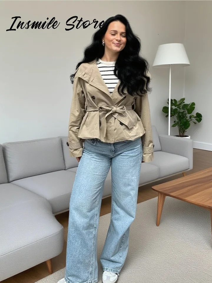 Fashion Belt Short Trench Coat Women Stand Collar Double Breasted Pocket Long Sleeve Coats Autumn Lady Commute Chic Outwear 251021