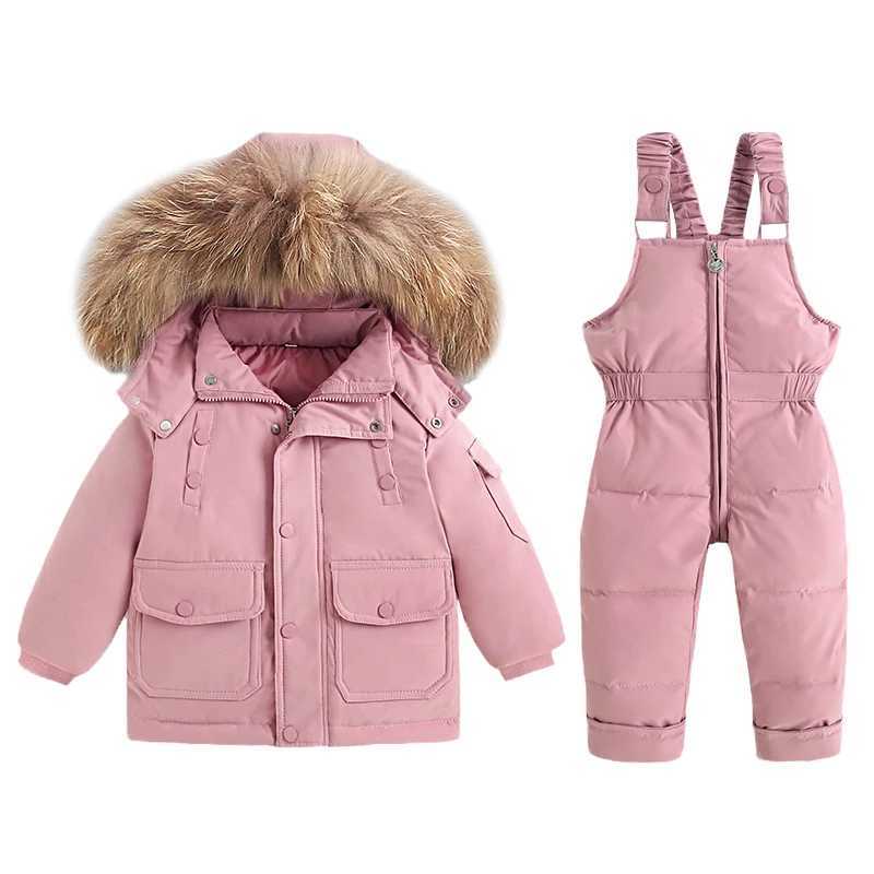 30Degree Russia 2Pcs Set Children Winter Down Jacket and Jumpsuit Thicken Boy Girls Ski Suit Real Fur Collar Warm Kids SnowsuitT251021