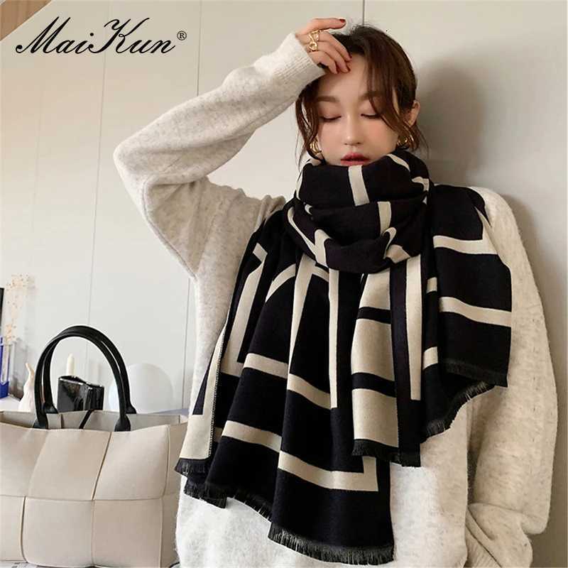 Maikuns New Winter Faux Cashmere Lettering Jacquard Scarf Womens Thick AllMatch Neck DoubleSided Fashion Fringed Warm Shawl W251021