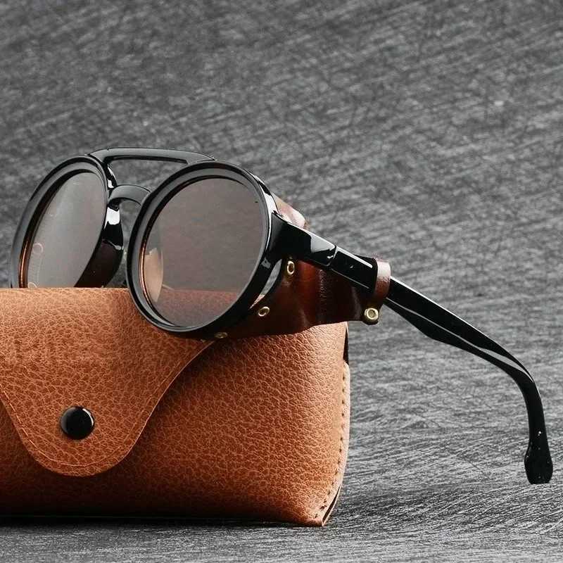 Steampunk Shields Sunglasses Men Women Classic SunGlasses With Side Leather Round Eyewear Pink UV400 Lens J251114
