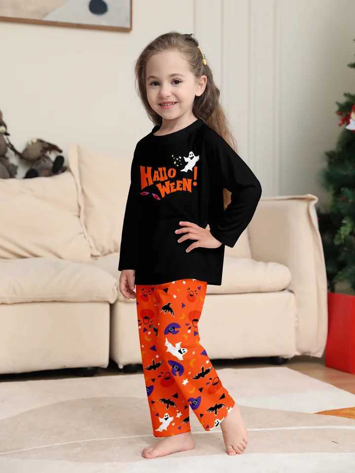 Parent Child Halloween Pajamas Set Black Tops Orange Pants HALLOWEEN Ghost Prints L251021XM2J