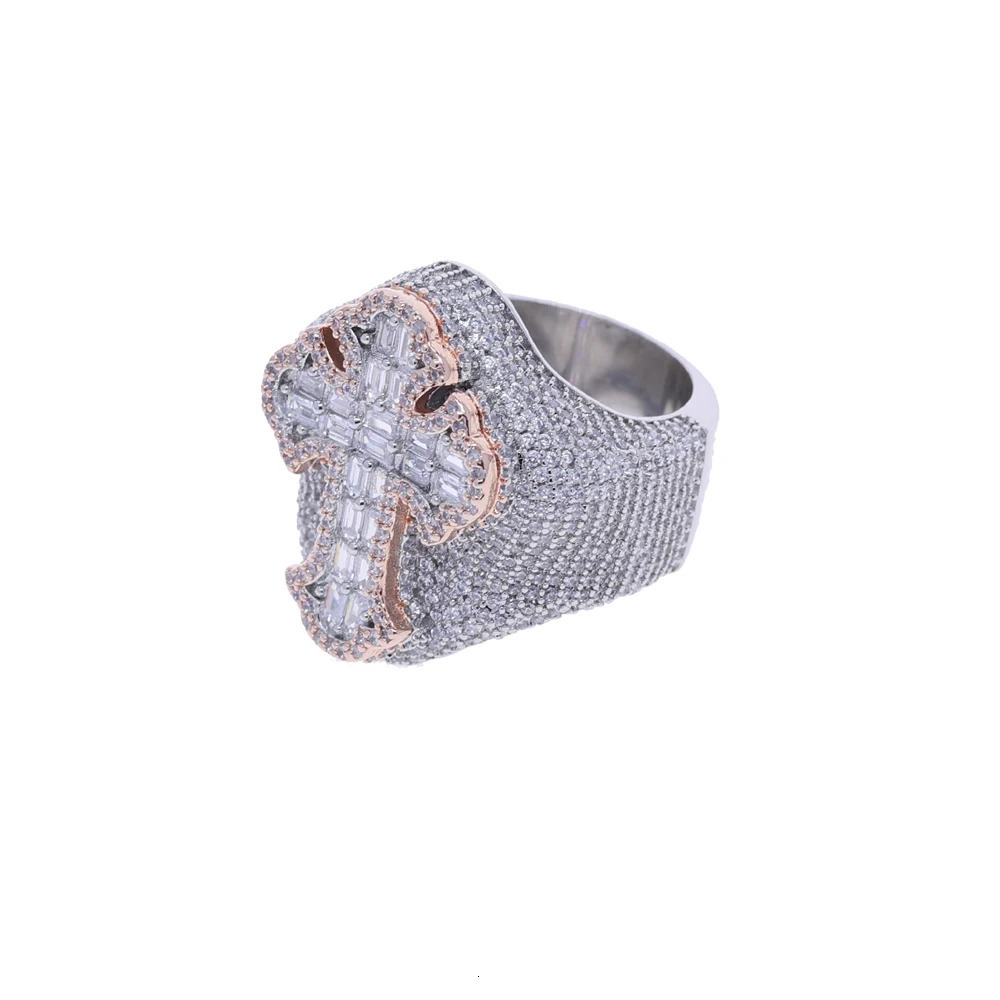Two Tone Color Cross Finger Ring Iced Out Bling 5A Cubic Zircon Prong Setting Fashion Luxulry Men Hip Hop Finger Jewelry 251017