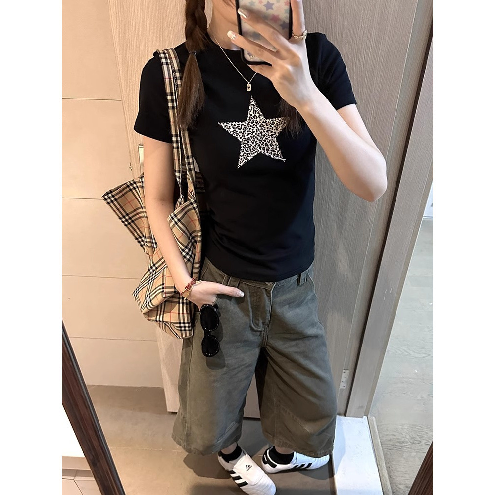 2025 American Retro Leopard Star Pattern Short Sleeve T-shirt Designer Pants Women's Summer Hot Girl Black Slimming New Autumn/Winter Design Top