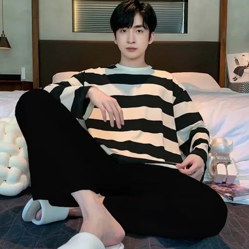 Striped Plus Size Men Pajamas Summer Long Sleeve Casual Sports Loose Black Round Neck TShirt and Long Pants TwoPiece Set 251021