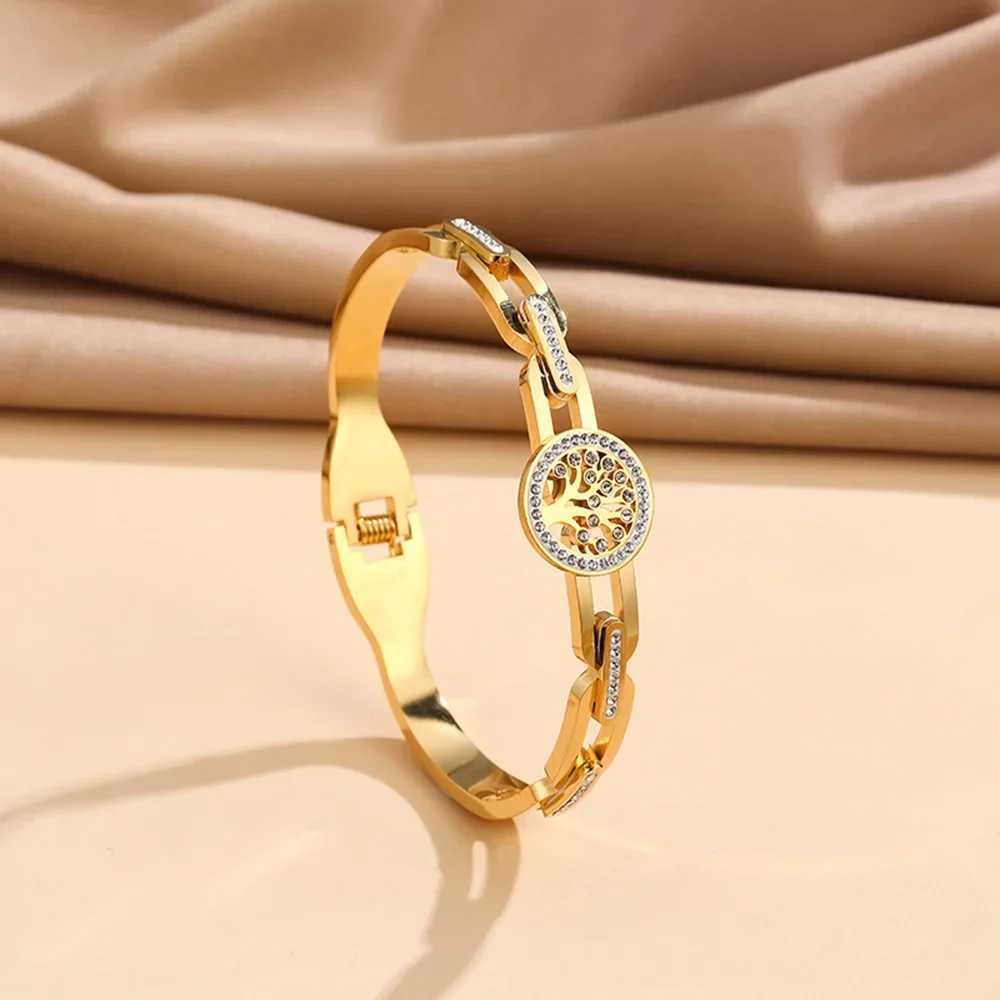 Luxury Stainless Steel Tree of Life Bracelet For Women Men Golden Cubic Zircon No Fade Color Lucky Cuff Bangle Jewelry J251021