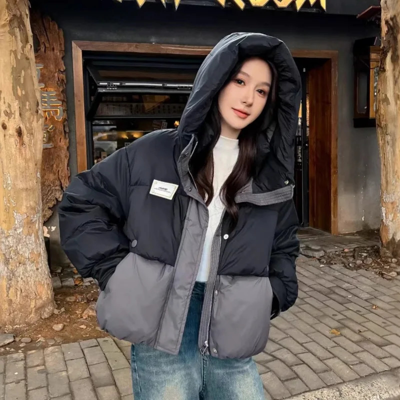 Winter Short Patchwork Hooded Parker Down Jacket Female Zipper Waterproof Thick Outwears Women White Duck Puff Warm Jackets 251017