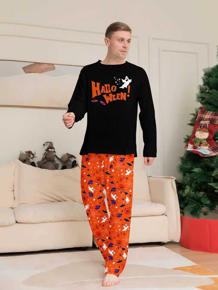 Parent Child Halloween Pajamas Set Black Tops Orange Pants HALLOWEEN Ghost Prints L251021XM2J