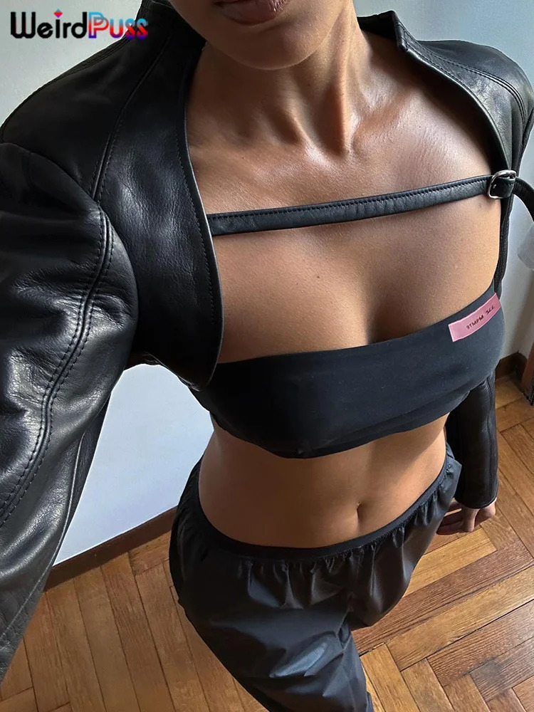 Weird Puss Extra Short Women JacketTube Tops Leather Stand Collar Chic Buckle Autumn Fashion Hipster High Street Y2K Crop 251021