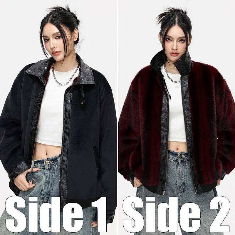 Women's Leather Fashion Two-Sided Autumn Casual Coat Reversible Double-Sided Jacket Faux Fur Plush Lining Warm Outerwear