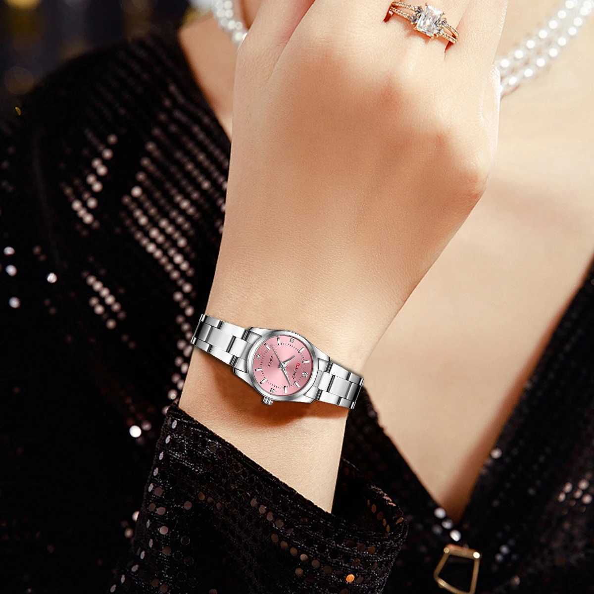 Luxury Womens 29mm Fashionable Stainl Steel Rhinestone Pink Minimalist Girl Clock Outdoor Travel Women Wrist esXJ251021