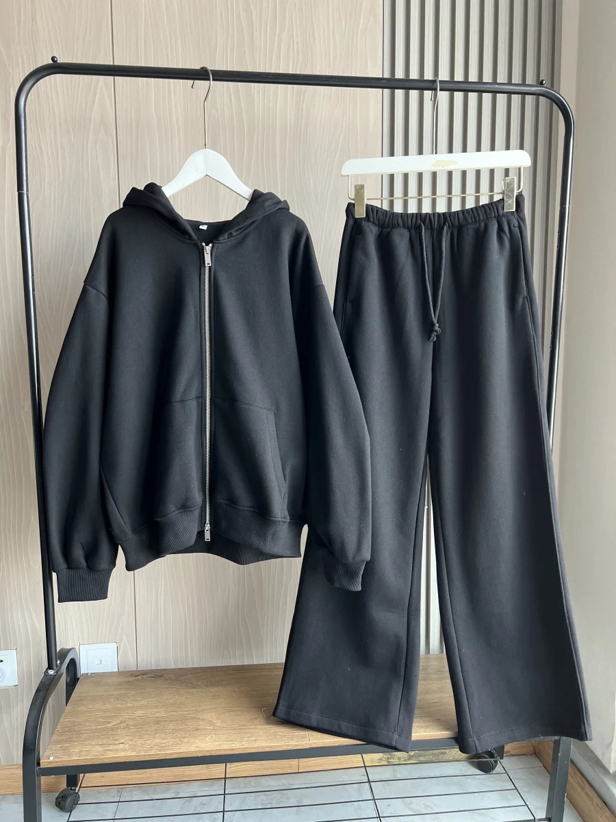 ETJ FallWinter womens casual sports oversized zipper hoodie wide leg mop sweatpants set 4174842 251021