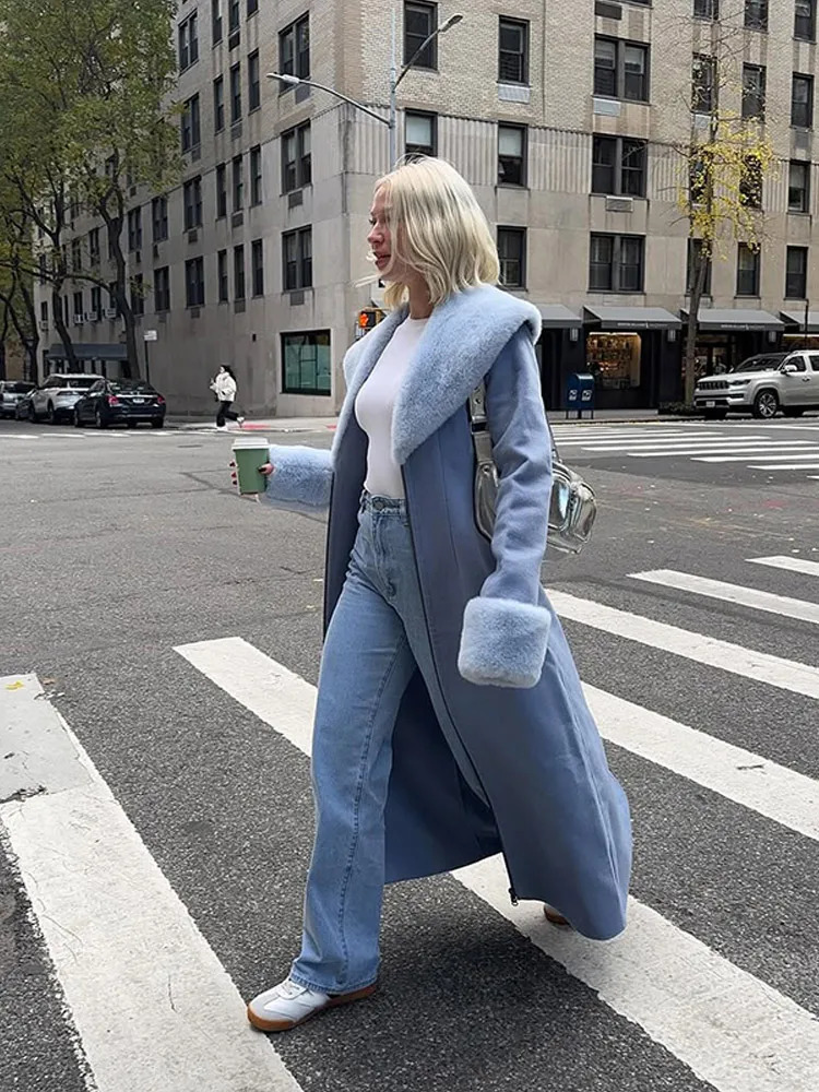 Women Chic Fur Patchwork Woolen Overcoat Elegant Vneck Waist Cinching Loose Outerwears Lady Winter Daily Commute Street Coat 251017