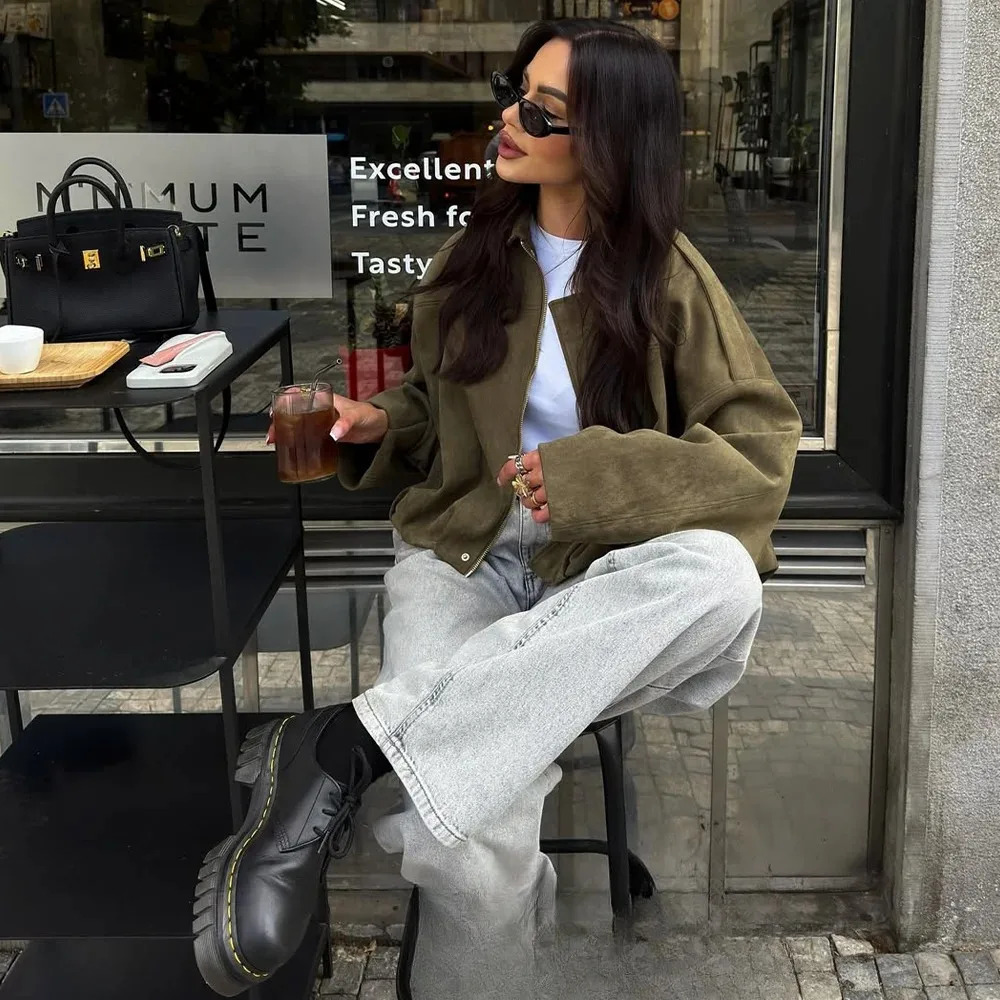 KONDALA Casual Chic Khaki Brown Bomber Jacket Women Long Sleeve Zipper Loose Coats Fashion Autumn Winter Streetwear Outwear 251021