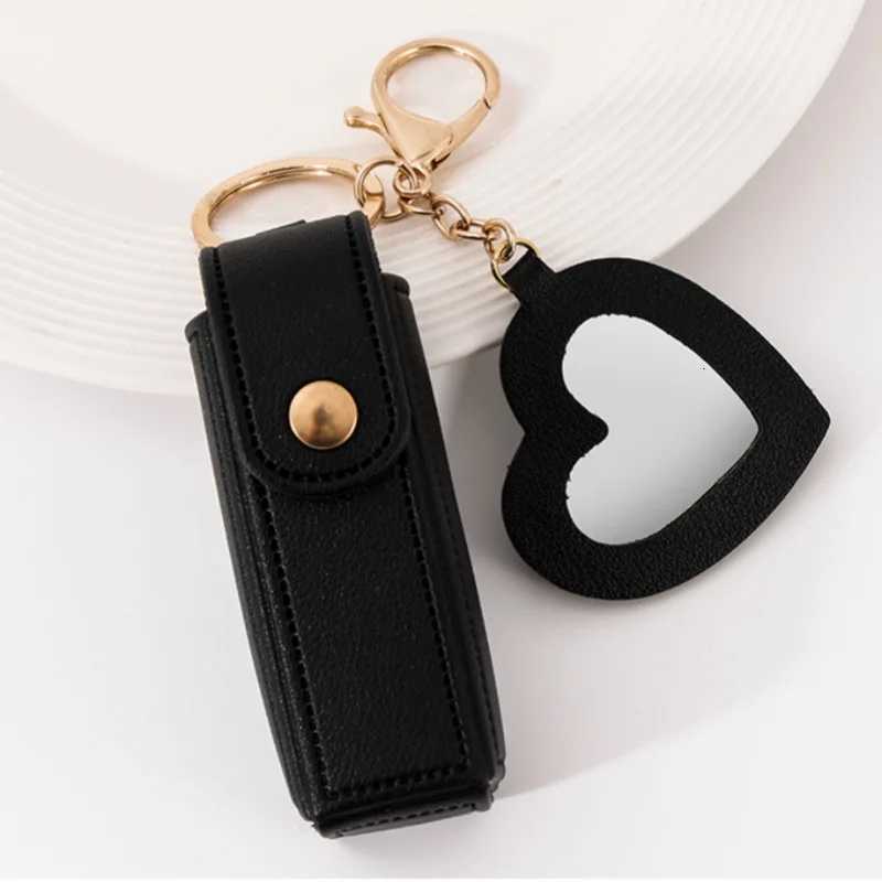 New Portable Lipstick Bag Packet Heart Mirror Keychain Mini Leather Key Chain Ring Small Versatile Keyring Gifts for Girlfriend W251021