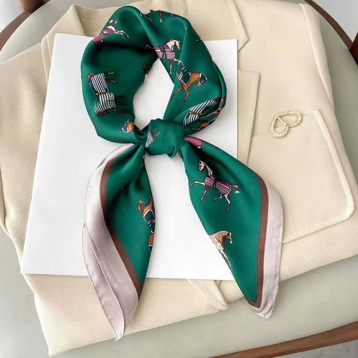 275 Dark Green Horse Print Square Scarf Vintage Cartoon Imitation Silk Neck Scarf Bandana Classic Head Wrap Hair Accessories W251021