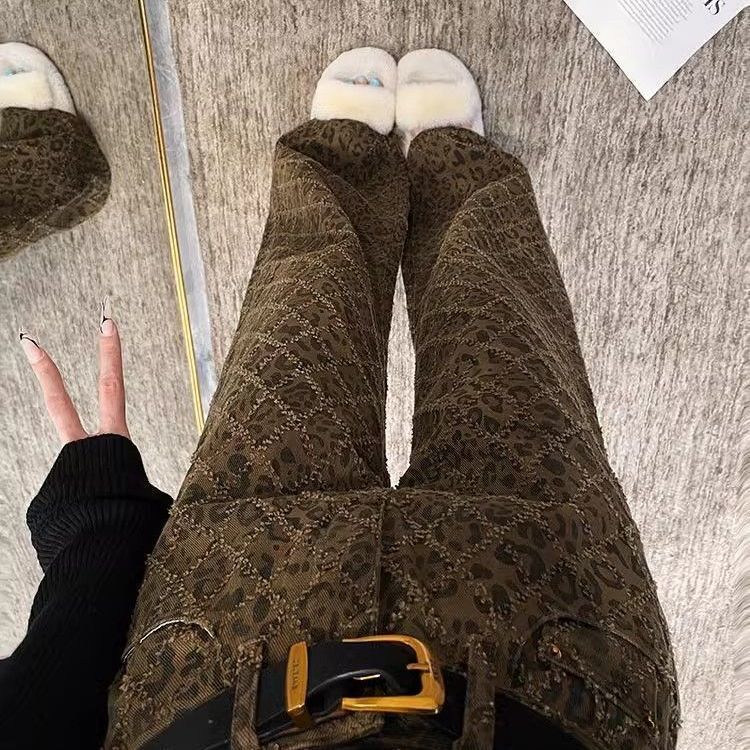 2025 Fashion American New Autumn/Winter High Street Leopard Pattern Women's Jeans Straight Tube Wide Leg Luxury Pants Designer Pants