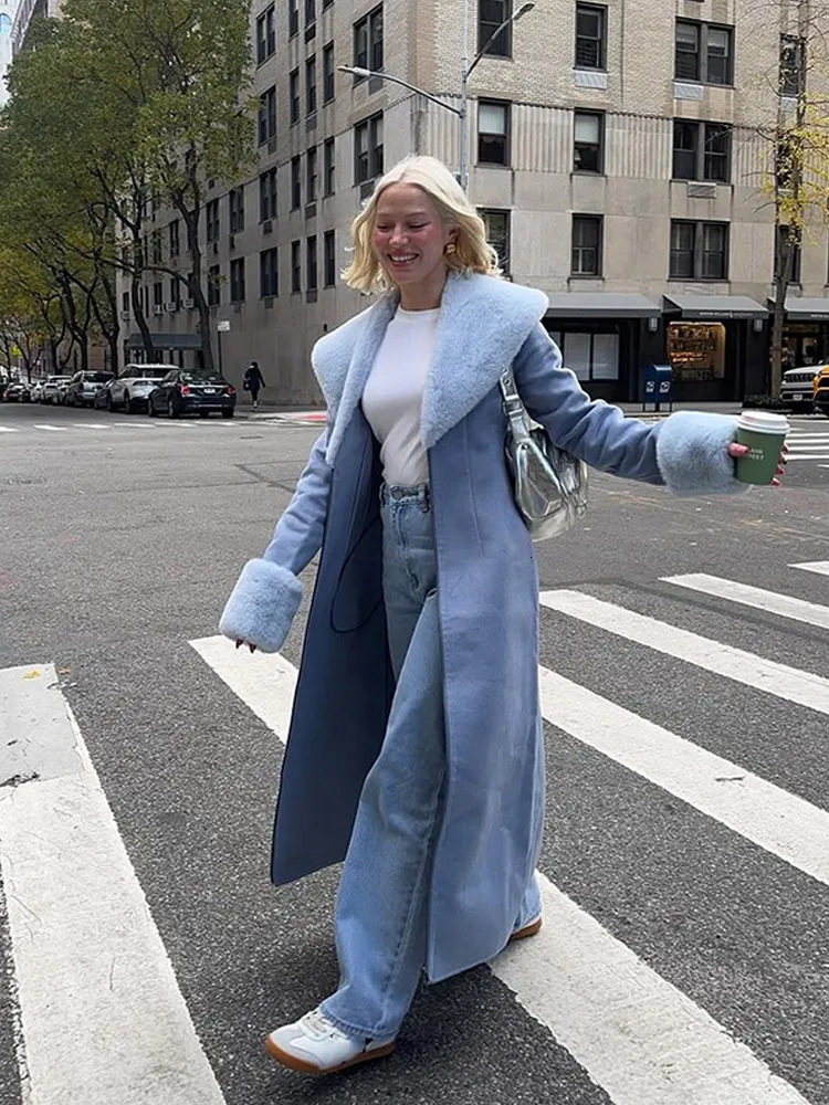 Women Chic Fur Patchwork Woolen Overcoat Elegant Vneck Waist Cinching Loose Outerwears Lady Winter Daily Commute Street Coat 251017