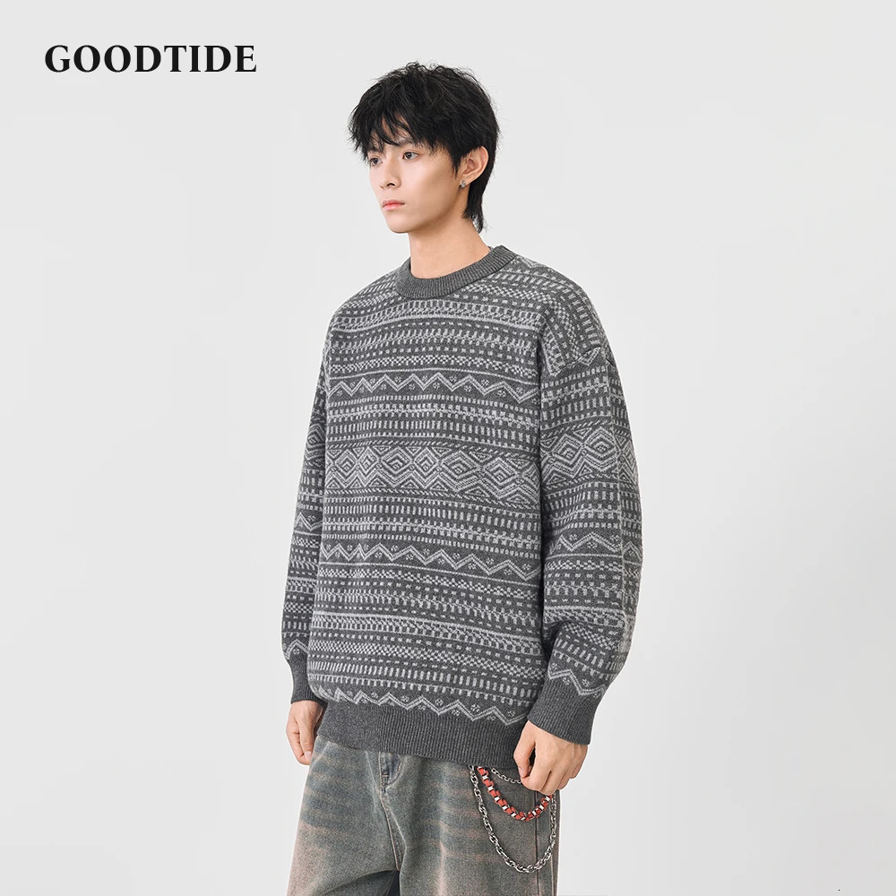Fashion Mens Casual Crew Neck Sweater 2025 Winter Ethnic Pattern Knitted Pullover Comfortable Soft Long Sleeve Jumper Top 251020