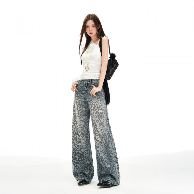 2025 designer pants American retro blue leopard print wide leg jeans autumn and winter new luxury pants women's digital printed new slim straight