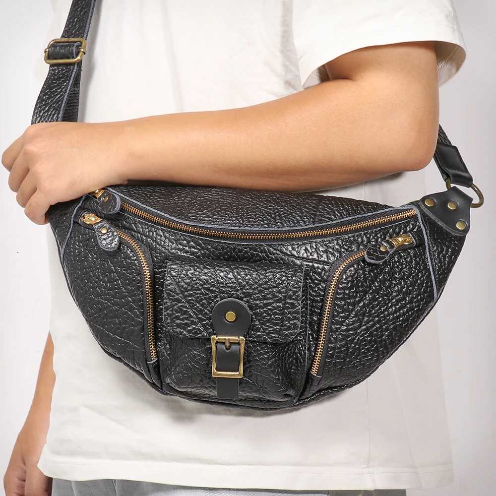 LUOKIR Bison Leather Mens Chest Bag Outdoor Commuting Casual Leather Waist Bag Top Layer Cowhide Personalized Motorcycle Bag Z251021