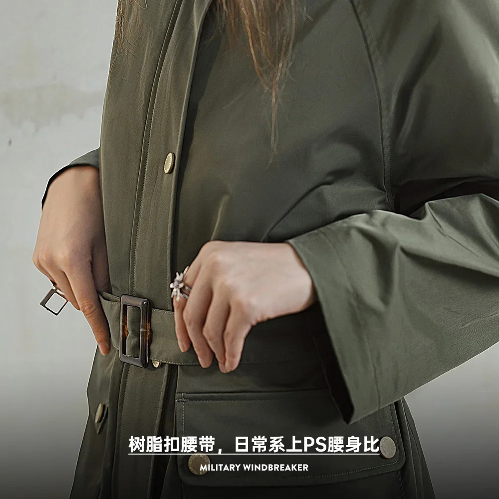 Maden Womens Olive Green Trench Coat Midlength Loose Fit Zipup Casual Solid Overcoat with Belt Windbreaker Spring Autumn 251017