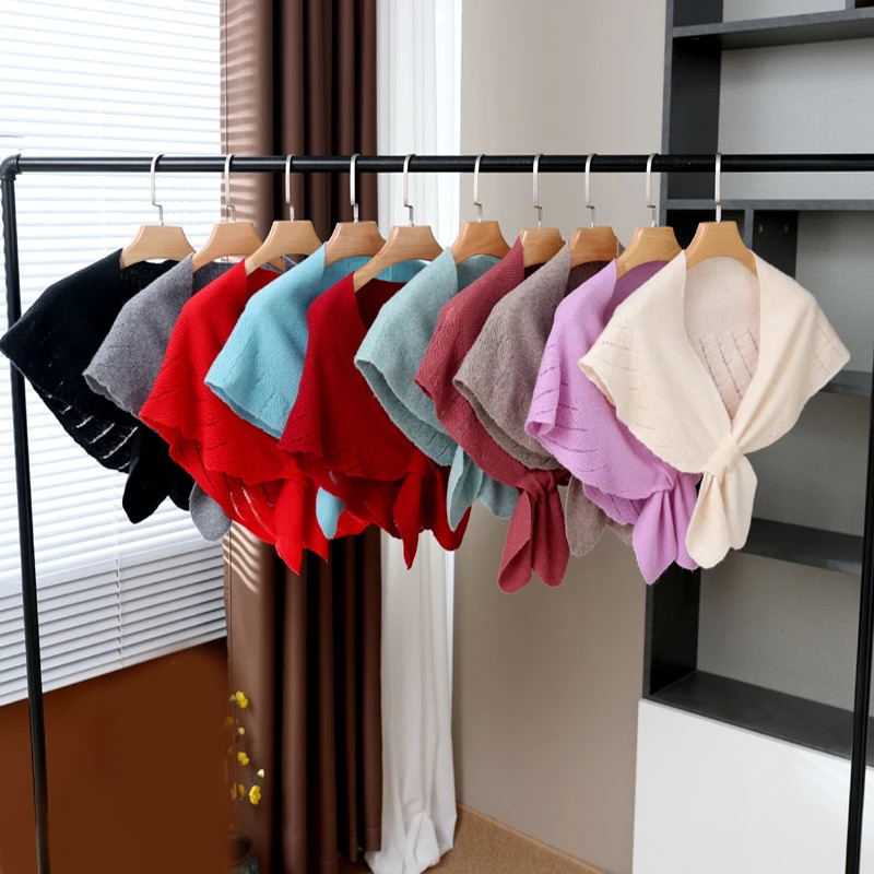 100Wool Knitted Triangle Shawls Women Hollow Out Fashion Poncho Blouse Shoulder Collar Cape Soft Warm Neck Scarves Girl 251021