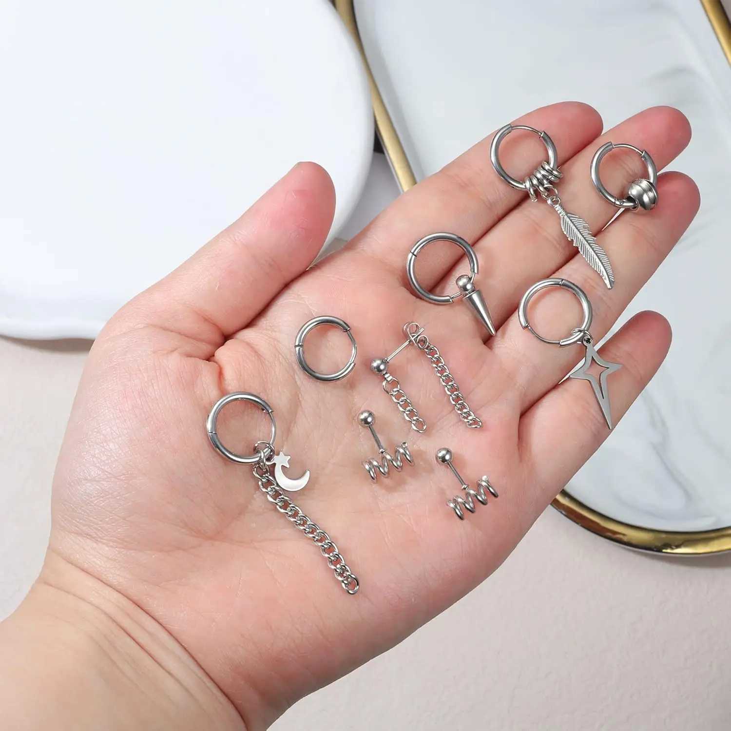 Bobisty 26pcs 18G Hoop Earrings for Men Stainless Steel Stud Emo Men Earrings Chain Cross Dangle Earrings Piercing Jewelry J251021