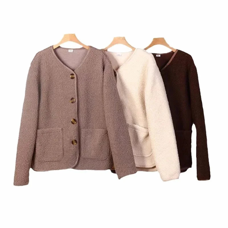 Plus Size Style Korean Version Loose Fit Womens Lamb Wool Jacket Autumn Petite Sheep Velvet Cardigan Solid Col 251021