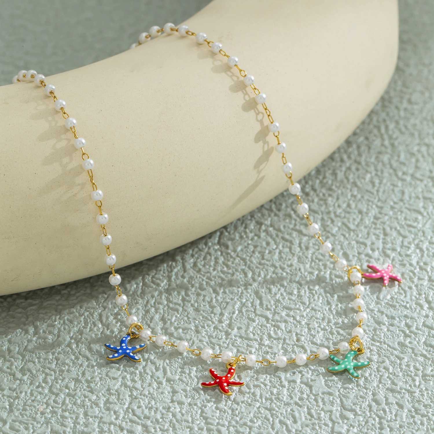 Colorful Starfish Pendant Pearl Necklace for Women Summer Beach Coastal Boho Hypoallergenic Stainless Steel Jewelry Gift XJ250717