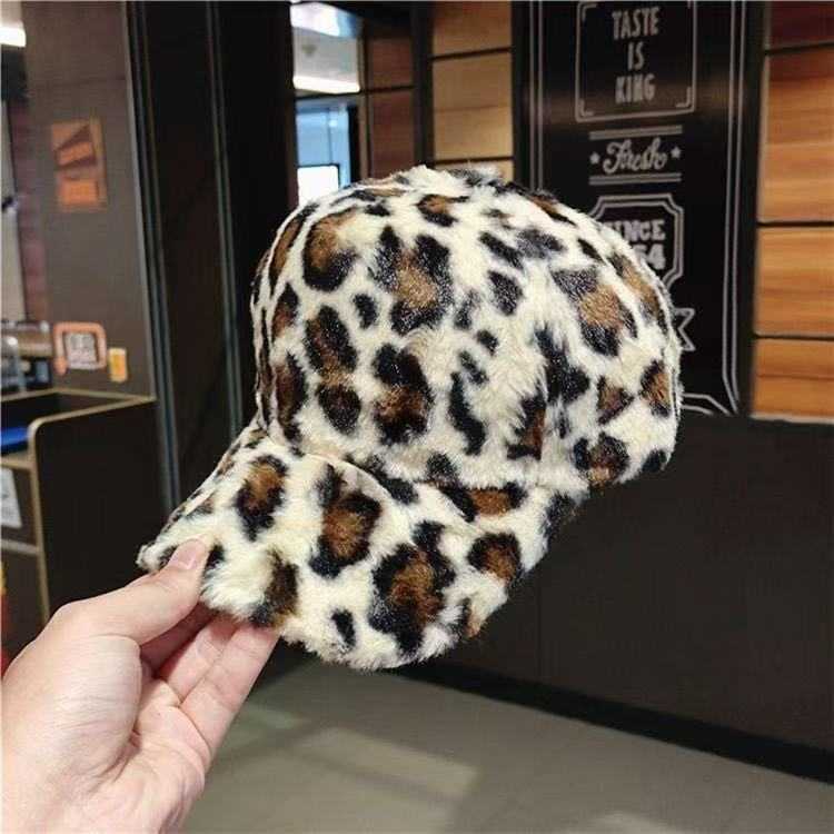 Thickened Warm Fashionable Plush Hard Top Wide Brim Baseball Cap Autumn Winter Lamb Wool Leopard Print Duckbill Cap H251020