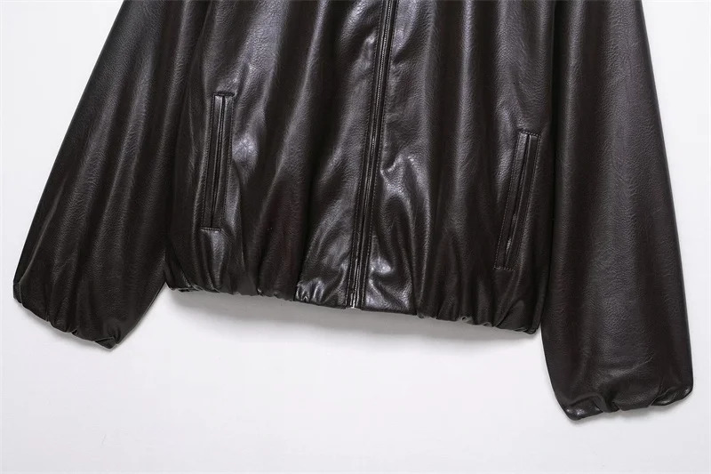 Womens Jacket Fall Dark Brown LongSleeved Faux Leather Bomber Casual Fashion Simple Personality 251021