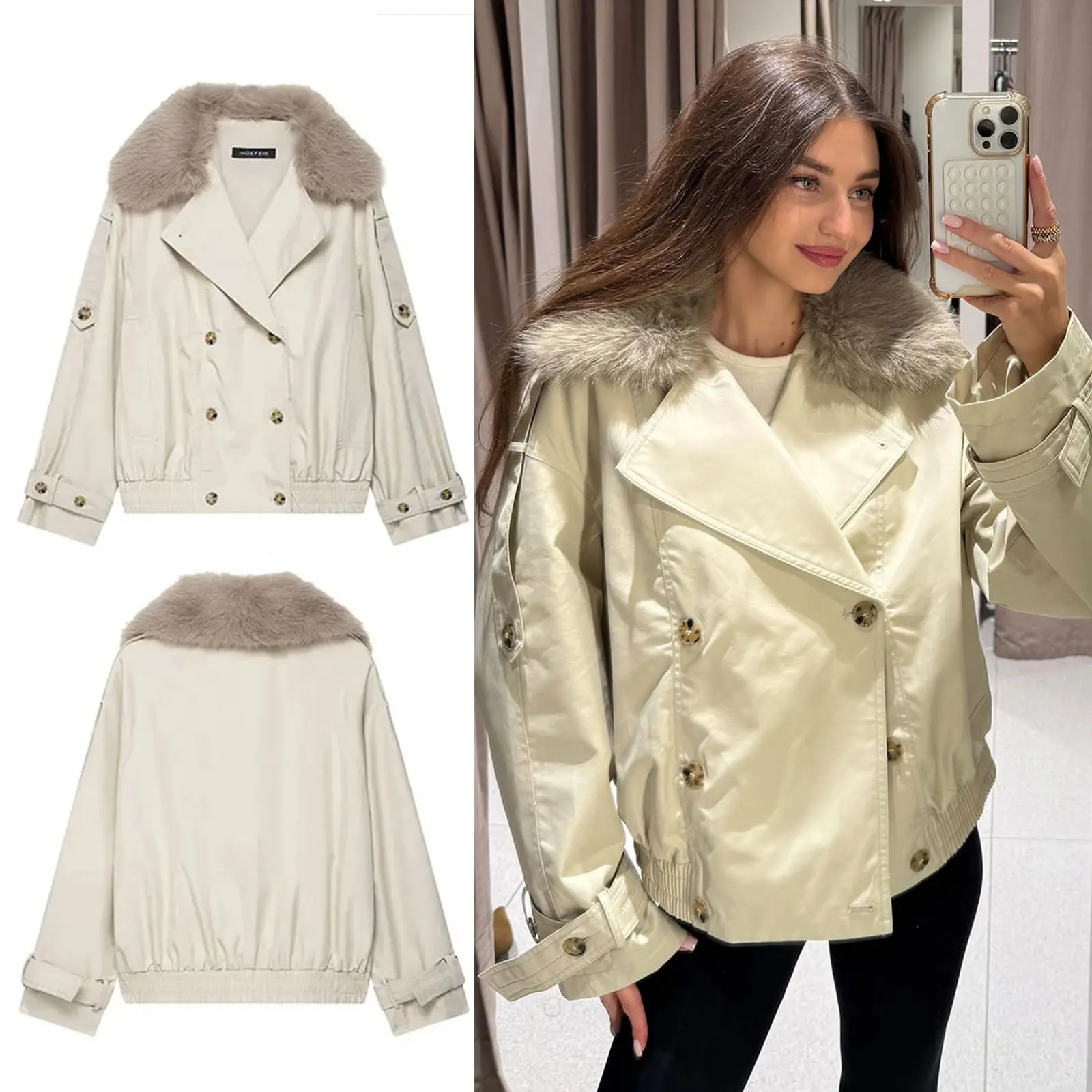 HH Womens Fall Fashion Trench Coat Long Sleeve Double Breasted Lapel Hairy Collar Causal Jackets Loose Outerwear 251017