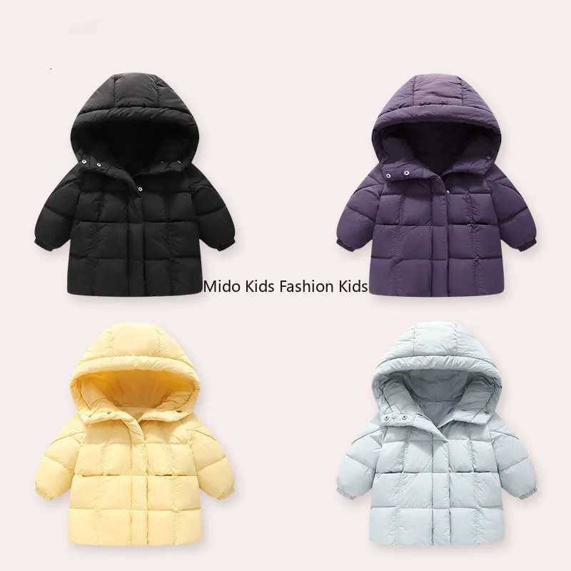 Childrens down jacket boys and girls winter thickened warm jacket baby hooded white duck down long section 110150cmT251021