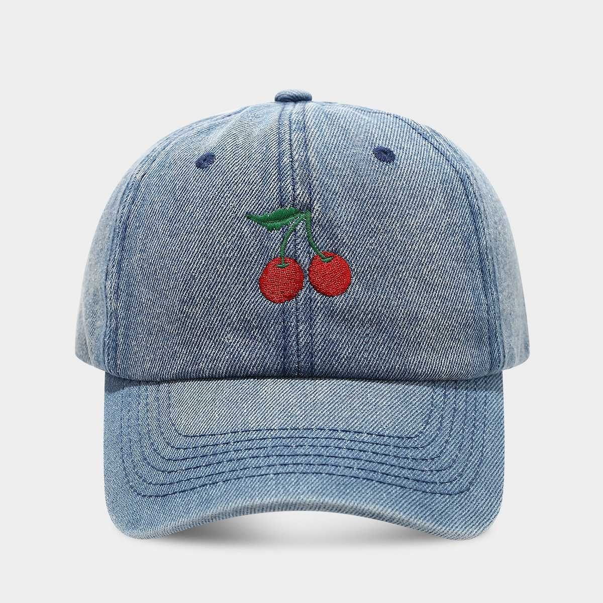 Denim Cherry Embroidery Baseball Cap for Women Trendy Spring Autumn Outdoor Shopping Casual Sun Hat Elegant Temperament Baseball Cap H251020