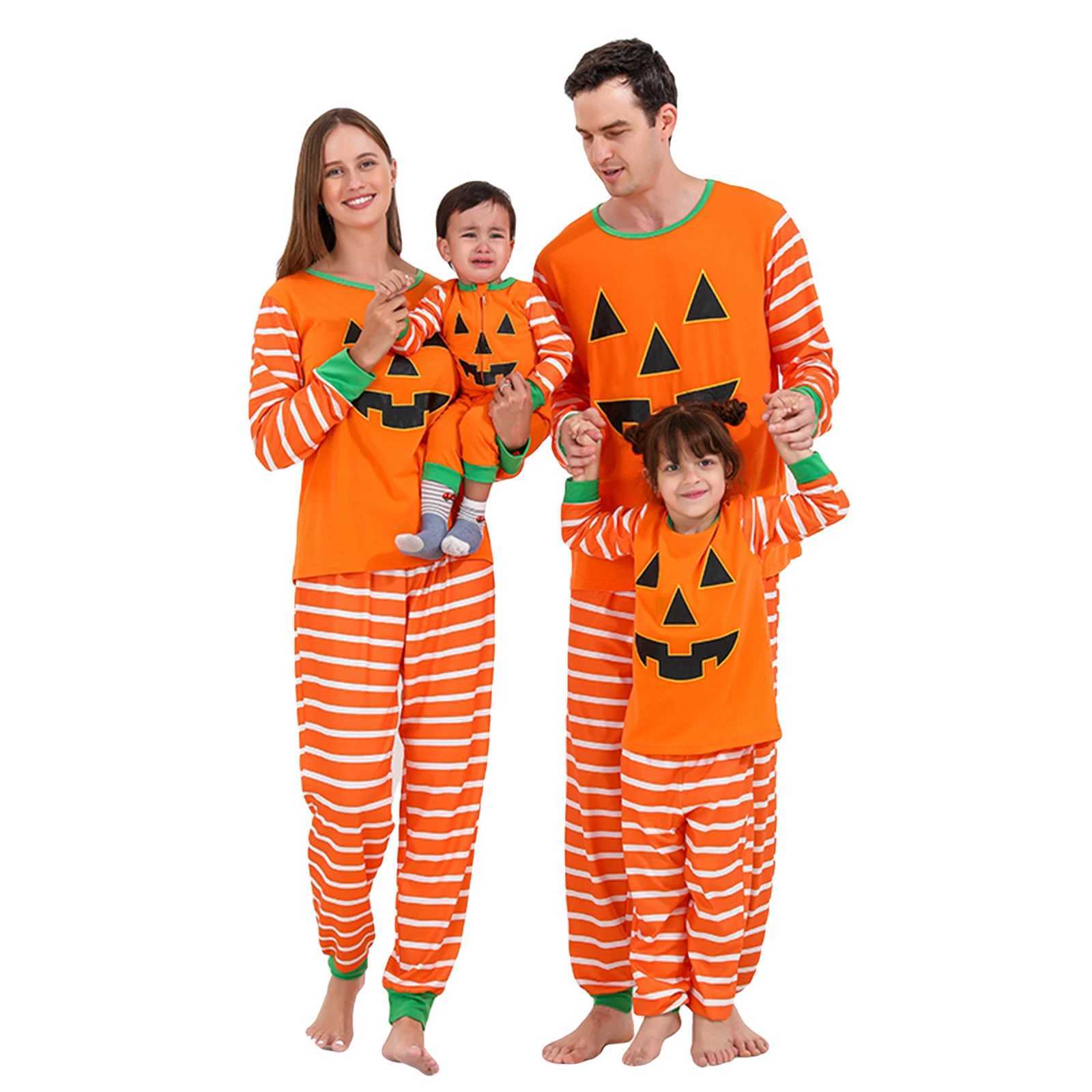 Family Matching Pajamas Set Halloween Stripe Pumpkin Print Round Neck Long Sleeve Tops Long Pants for Parents Kids L251021A5T9