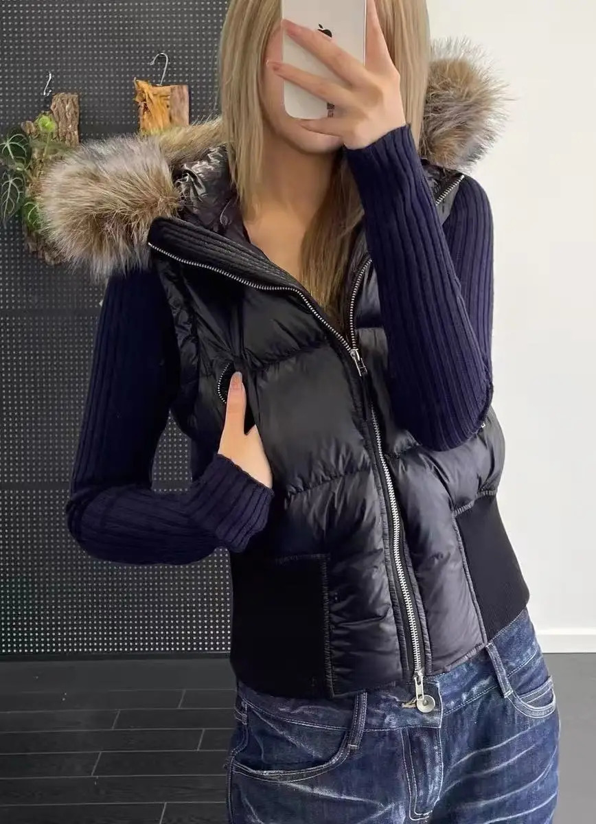 Detachable sleeves short section hair collar down jacket temperament Slim winter warm fluffy womens 251017