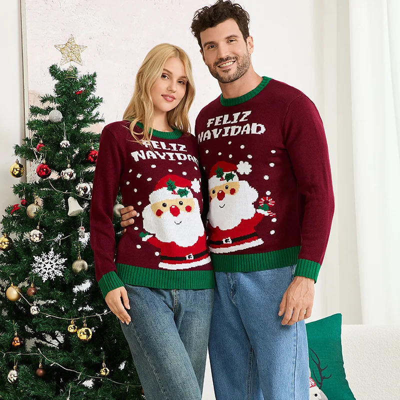 Xmas Family Loook Knitwear Santa Print Knitted Sweater Full Sleeve O Neck Soft Loose Jumper Christmas Matching Outfits Pullovers 251021